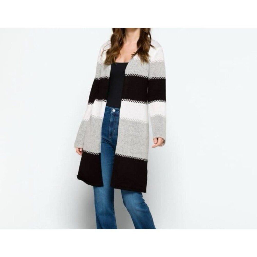 Fortune Ivy NEW Women Small Black White Color Block Long Sleeve Duster Cardigan